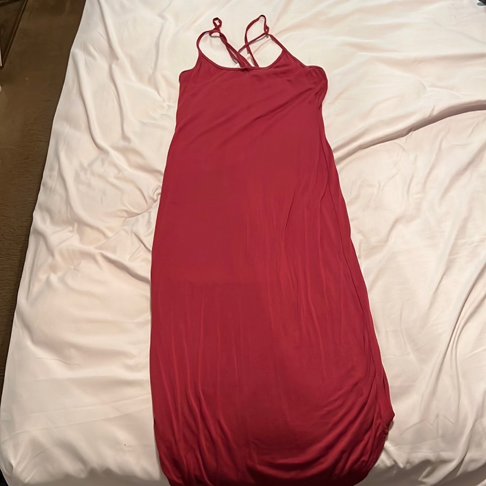 Long, thin, maroon strappy dress